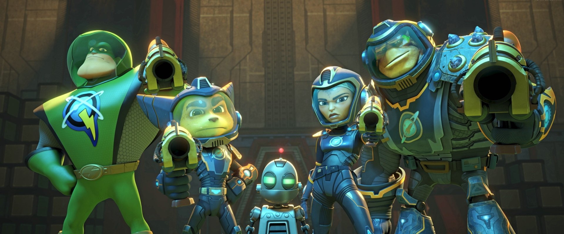Ratchet & Clank movie 2K Quad HD PC desktop wallpaper and background: Ratchet, Clank and allies in blue armor aiming blasters in a dim, industrial sci-fi corridor.