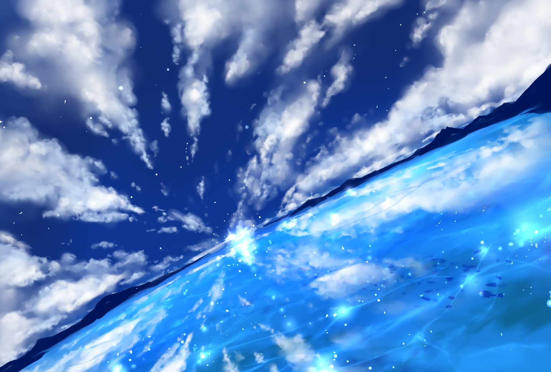 Download Ocean Fish Mountain Sky Cloud Anime Original HD Wallpaper by えいり