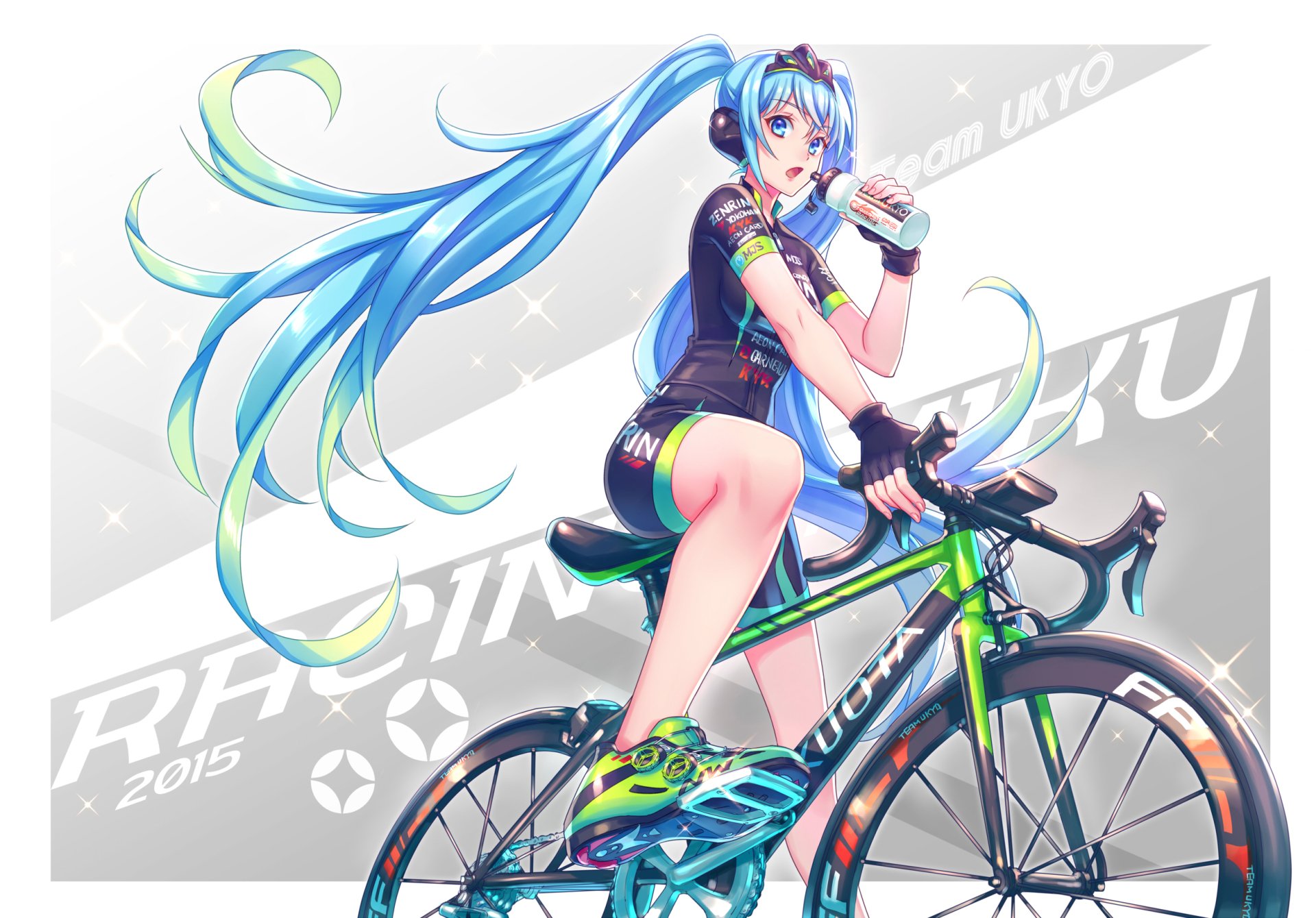 HD PC desktop wallpaper featuring Hatsune Miku from the Vocaloid series, depicted in an anime style riding a racing bicycle.