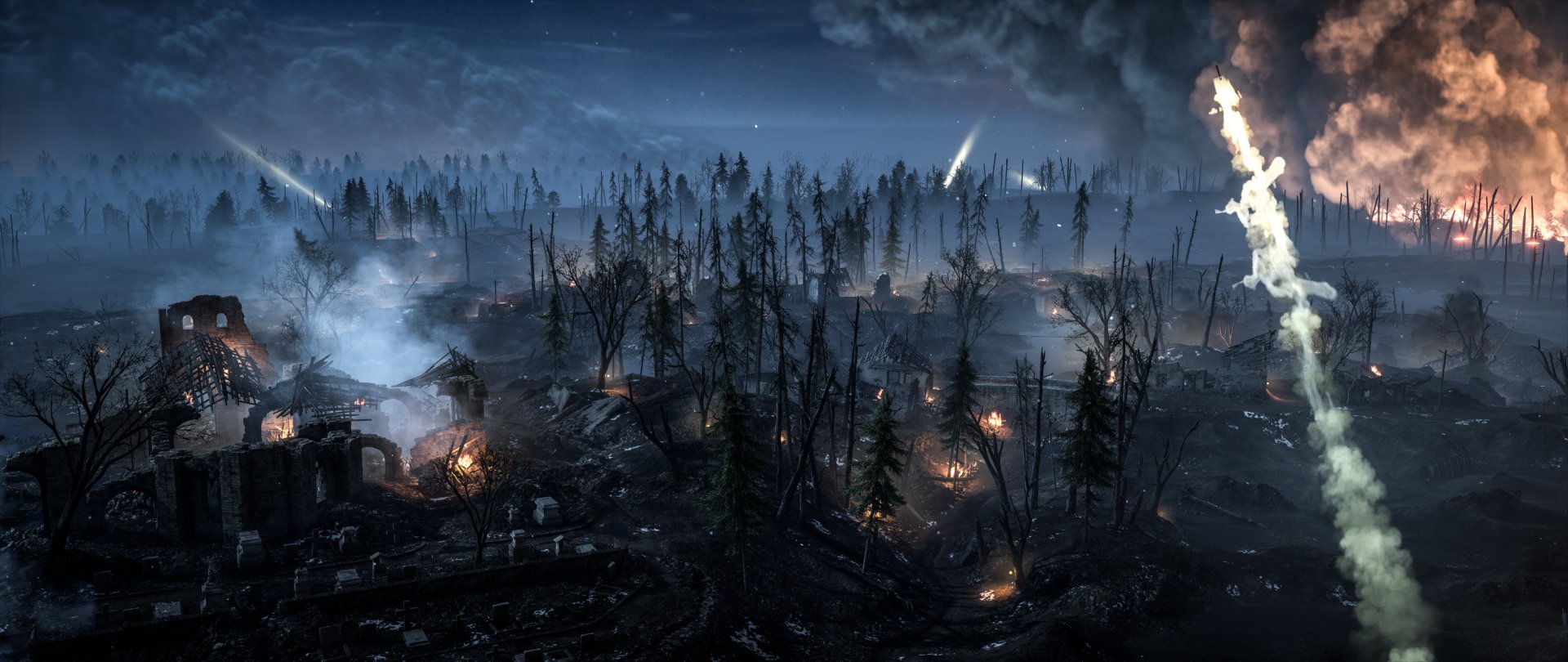 A dark, war-torn landscape at night from the Battlefield 1 video game, showcasing a smoky battlefield with scattered fires and ruins under a stormy sky.