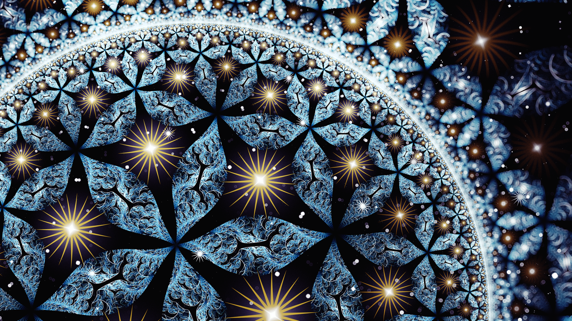 HD PC desktop wallpaper featuring an abstract fractal design with intricate blue patterns and glowing star-like elements creating a cosmic, mesmerizing effect.