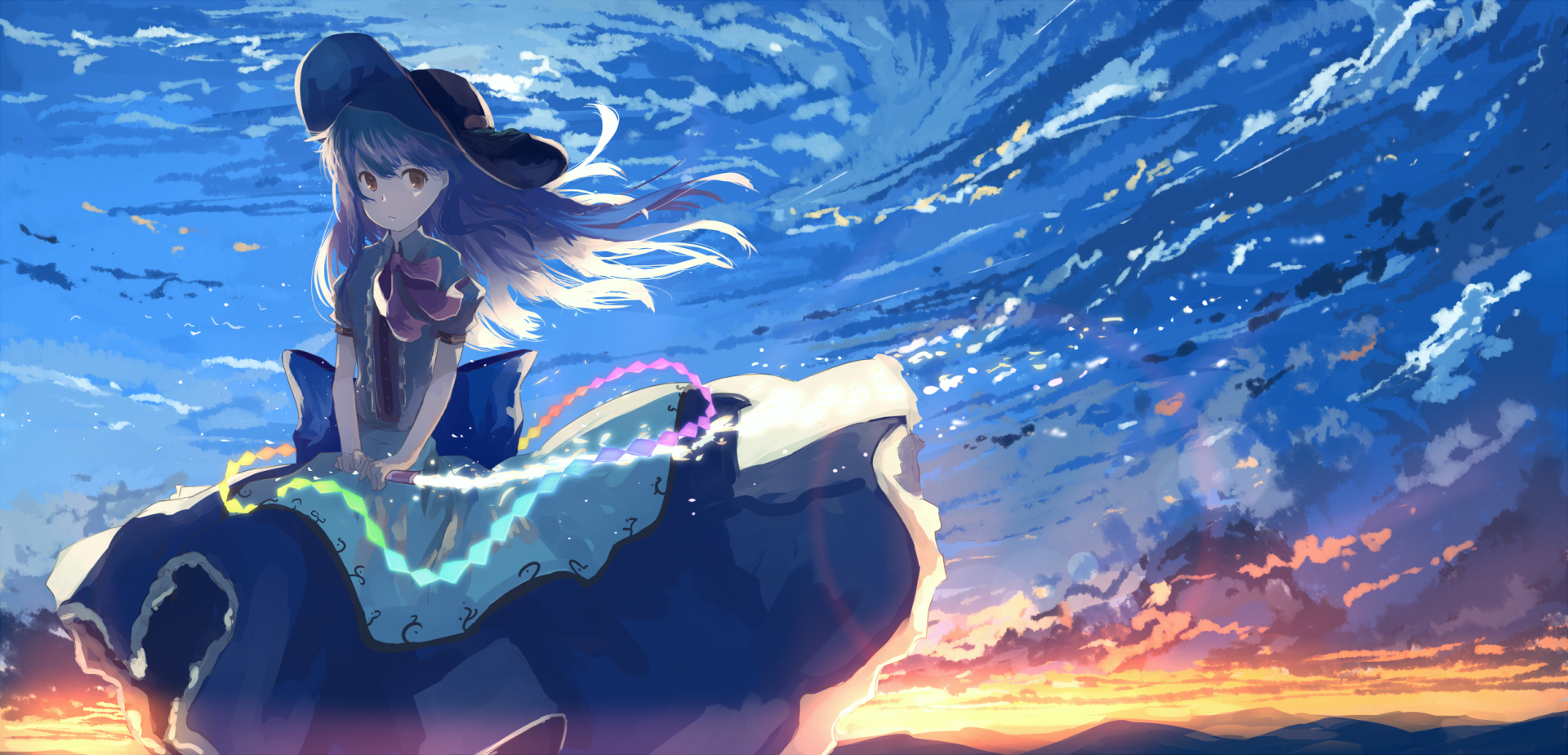 Tenshi Hinanawi (Touhou) anime HD PC desktop wallpaper/background: standing in a flowing dress beneath a swirling sky and glowing sunset.
