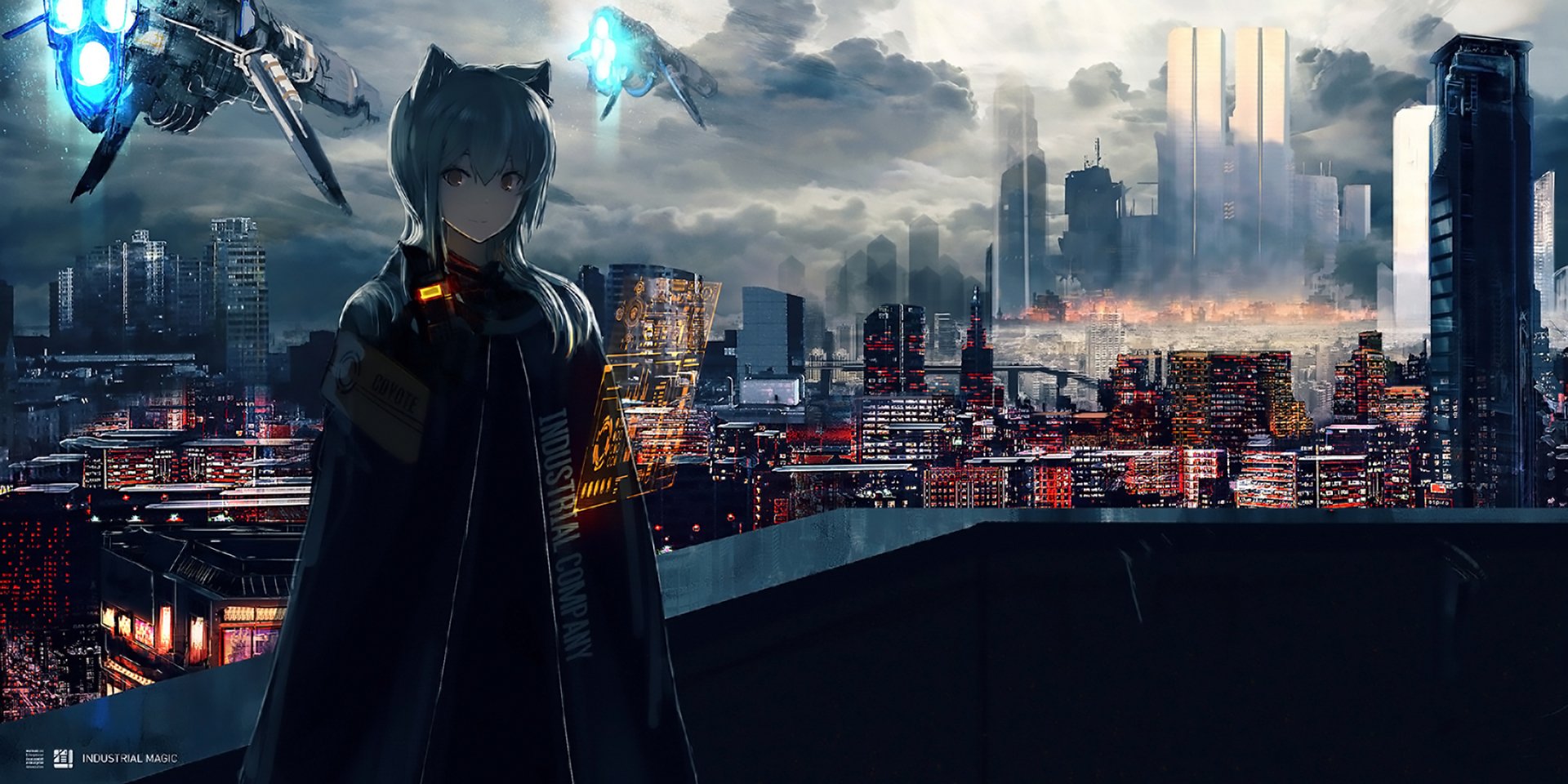 A futuristic cityscape with clouds above, featuring a cloaked figure with nekomimi. Sci-fi drones hover nearby, creating a vibrant anime atmosphere in this HD wallpaper.
