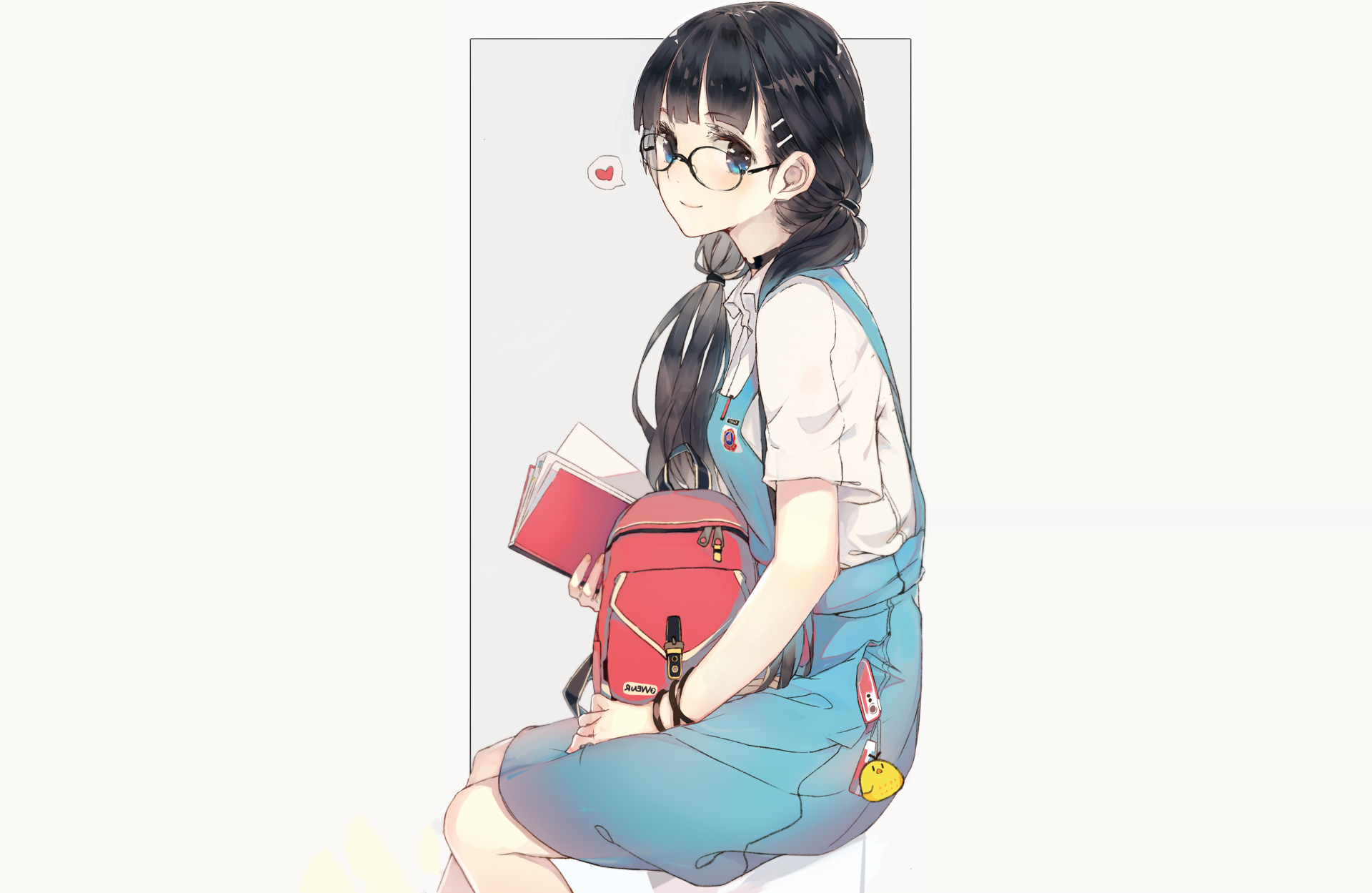 Anime-style HD desktop wallpaper of a girl with black hair, blue eyes, and glasses, holding a book and a red bag, in an original character design.