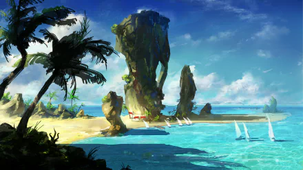 Anime-style HD wallpaper featuring a scenic beach with tall rock formations, palm trees, boats on the ocean, and a bright horizon under a blue sky.