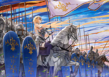 HD desktop wallpaper featuring Jeanne d'Arc from Fate/Grand Order and Fate/Apocrypha, leading a charge on a white horse, adorned in armor, with soldiers and shields in the background under a colorful sky.