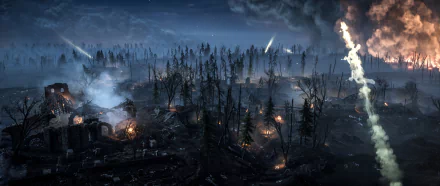 A dark, war-torn landscape at night from the Battlefield 1 video game, showcasing a smoky battlefield with scattered fires and ruins under a stormy sky.