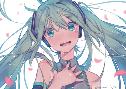 HD anime wallpaper of Hatsune Miku, the iconic Vocaloid, featuring her with teal twin-tails and sparkling eyes surrounded by falling petals.