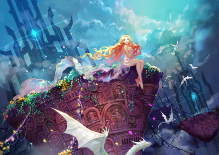A blonde, long-haired anime character with aqua eyes and a dress sits barefoot on a fantastical building surrounded by clouds, alongside a dragon and birds. The scene is vibrant and whimsical.