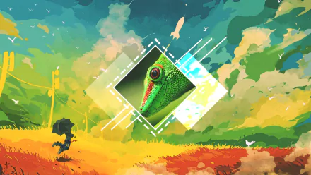 A colorful HD desktop wallpaper showcasing an artistic polyscape. A green lizard image is centered in a geometric design surrounded by vibrant nature elements.