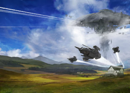 invasion house landscape Sci Fi spaceship HD Desktop Wallpaper | Background Image