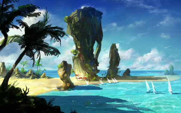 Anime-style HD wallpaper featuring a scenic beach with tall rock formations, palm trees, boats on the ocean, and a bright horizon under a blue sky.