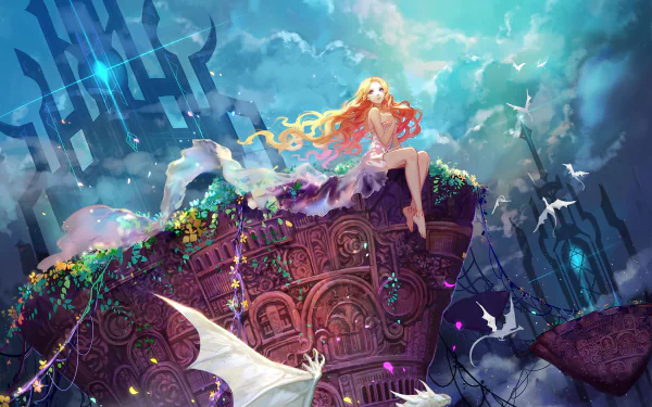 A blonde, long-haired anime character with aqua eyes and a dress sits barefoot on a fantastical building surrounded by clouds, alongside a dragon and birds. The scene is vibrant and whimsical.
