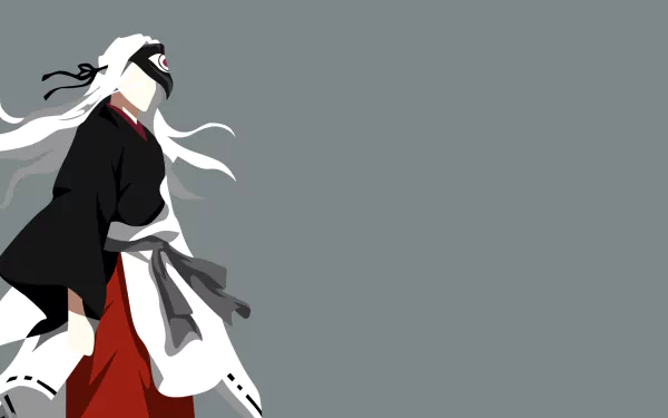 Minimalist HD anime wallpaper featuring Rabō from Noragami with long white hair and a mask, set against a simple gray background.