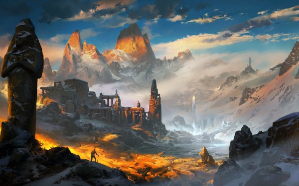 Fantasy Landscape Fog Cloud Sky Mountain Ruin Exploration Statue Adventure HD Wallpaper | Background Image