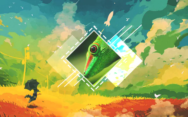 A colorful HD desktop wallpaper showcasing an artistic polyscape. A green lizard image is centered in a geometric design surrounded by vibrant nature elements.