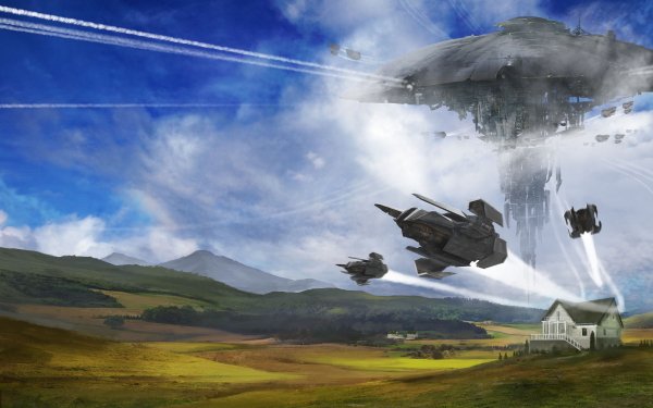 Sci Fi Spaceship Landscape House Invasion HD Wallpaper | Background Image