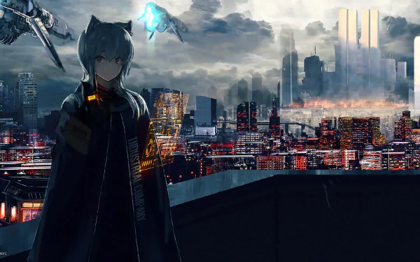A futuristic cityscape with clouds above, featuring a cloaked figure with nekomimi. Sci-fi drones hover nearby, creating a vibrant anime atmosphere in this HD wallpaper.