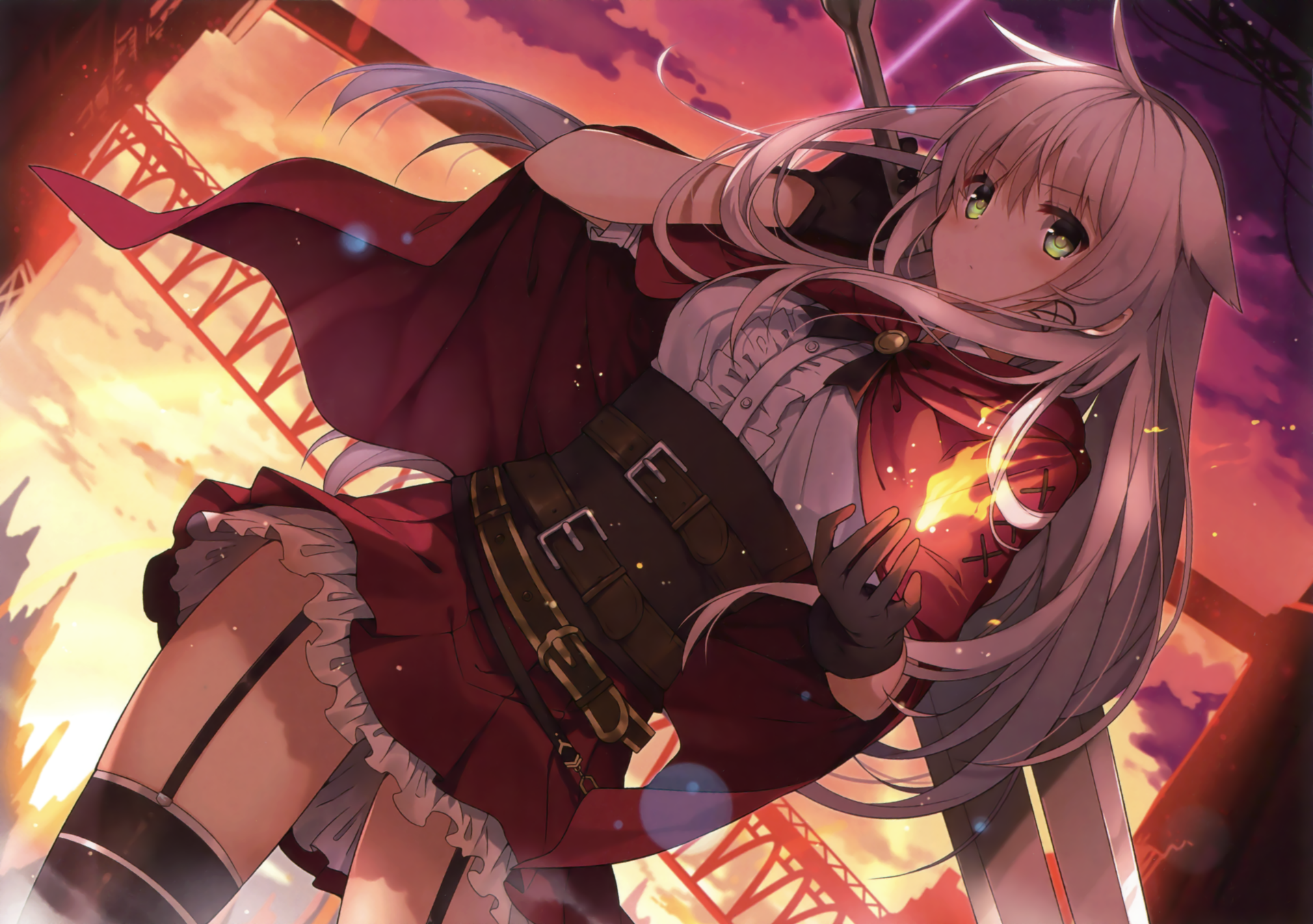 An anime girl with white hair and green eyes holds a small flame. She wears a red outfit with a cape. The background shows a sunset, flames, and a bridge. HD desktop wallpaper.
