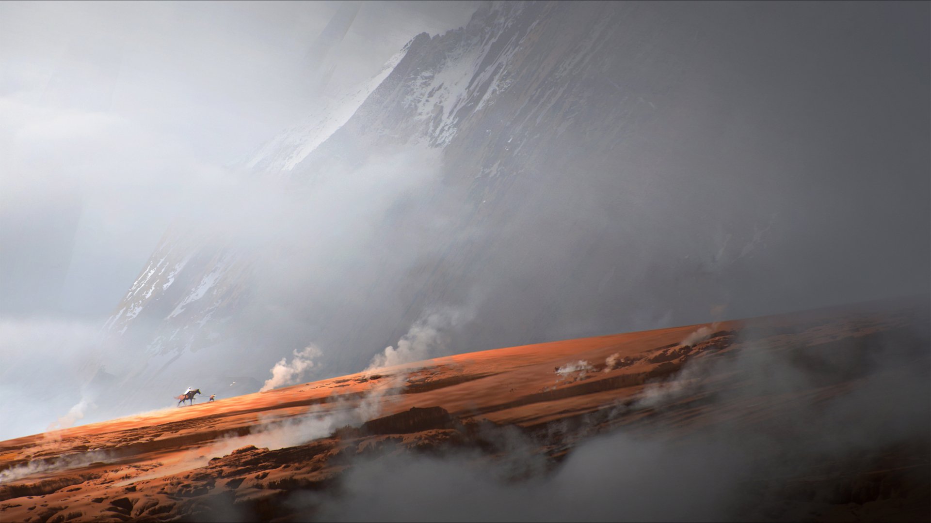 HD PC desktop wallpaper depicting a sci-fi landscape with a misty mountain backdrop and a reddish, otherworldly terrain in the foreground.