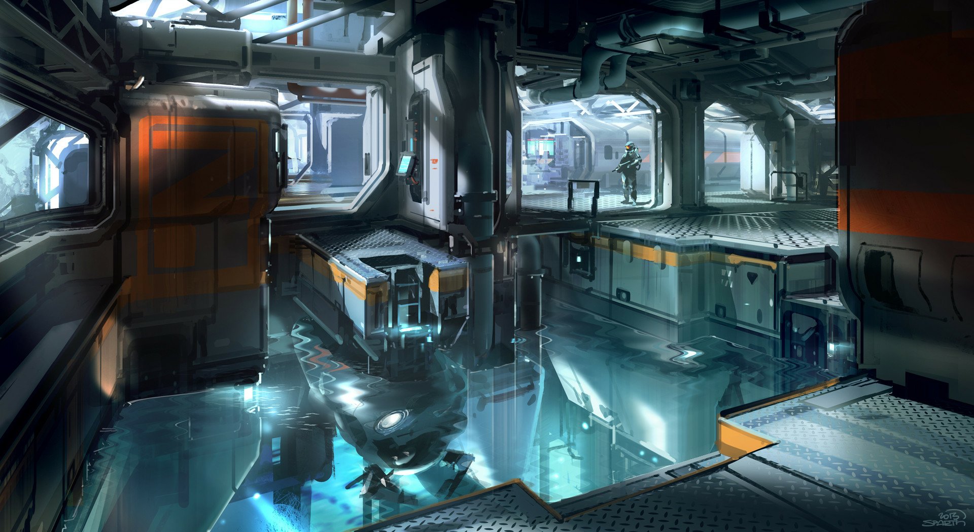 HD PC desktop wallpaper featuring a detailed indoor sci-fi environment from the video game Halo 5: Guardians, showcasing futuristic architecture and reflective surfaces.