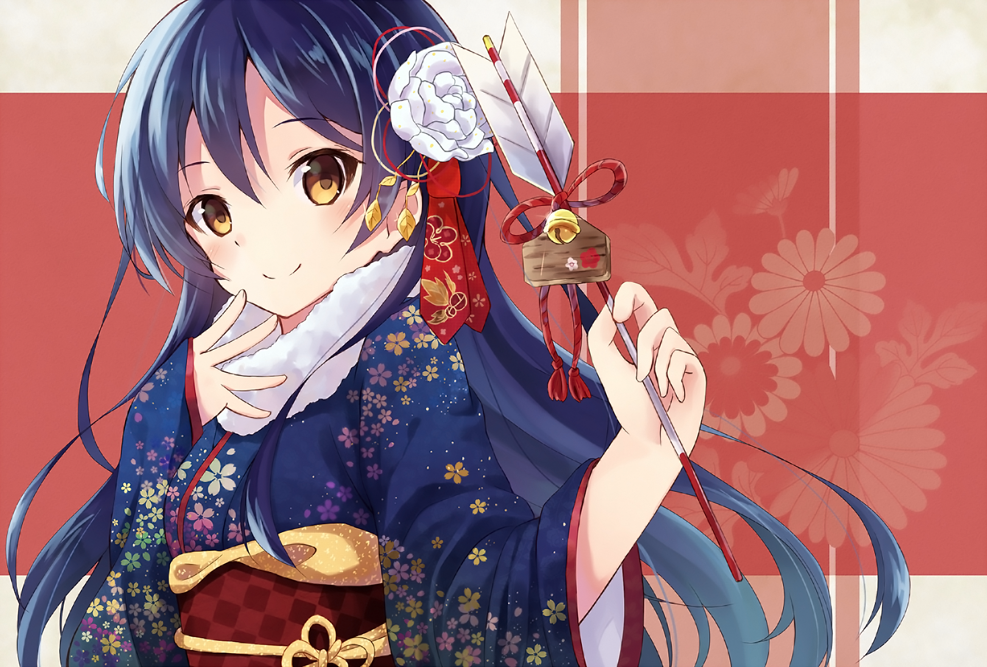 HD PC wallpaper featuring Umi Sonoda from Love Live! in a detailed kimono holding a decorative paddle against a red floral background.
