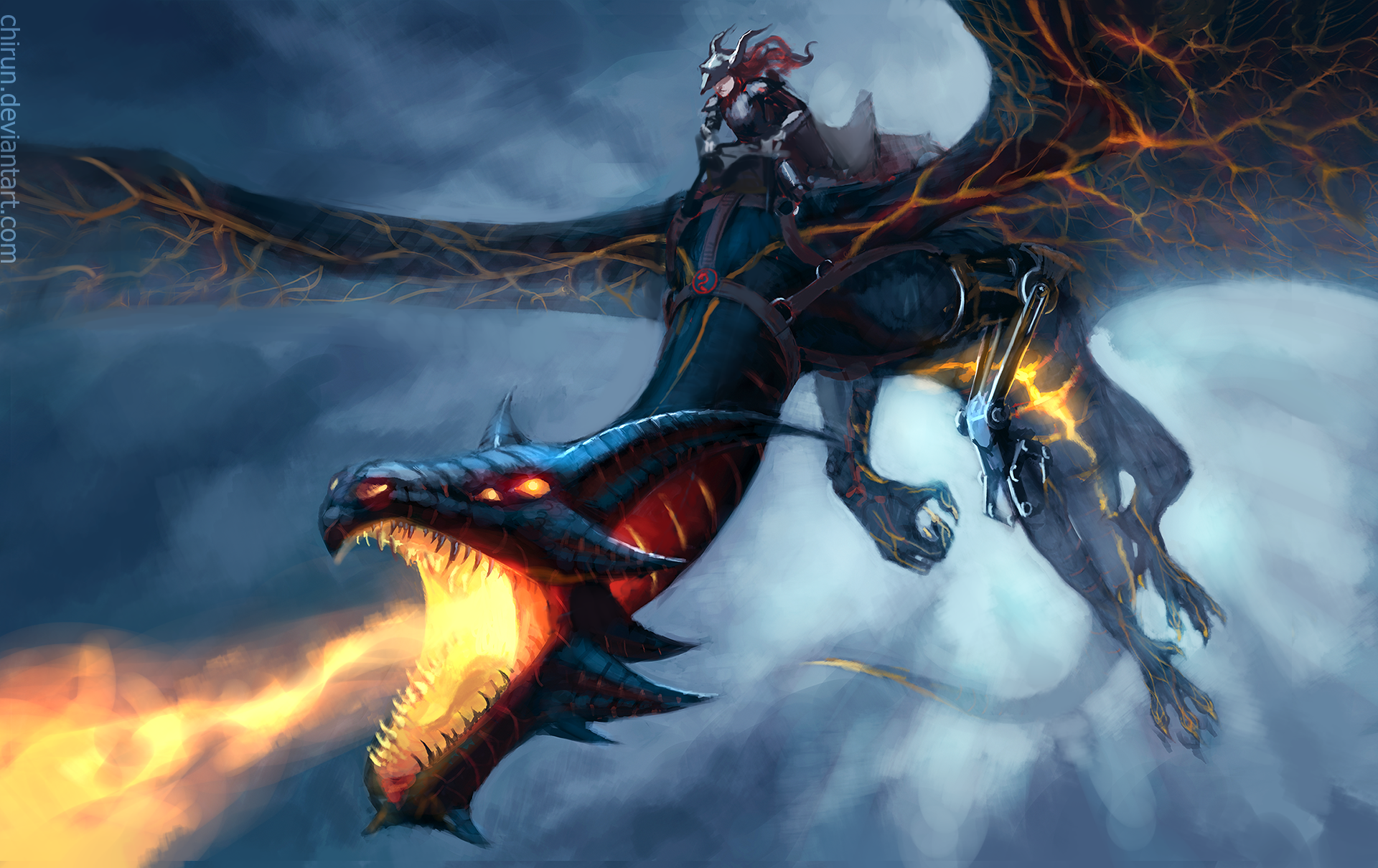 A fierce woman warrior rides a fiery dragon soaring through a stormy sky, surrounded by flames and sparks in this HD fantasy PC desktop wallpaper.