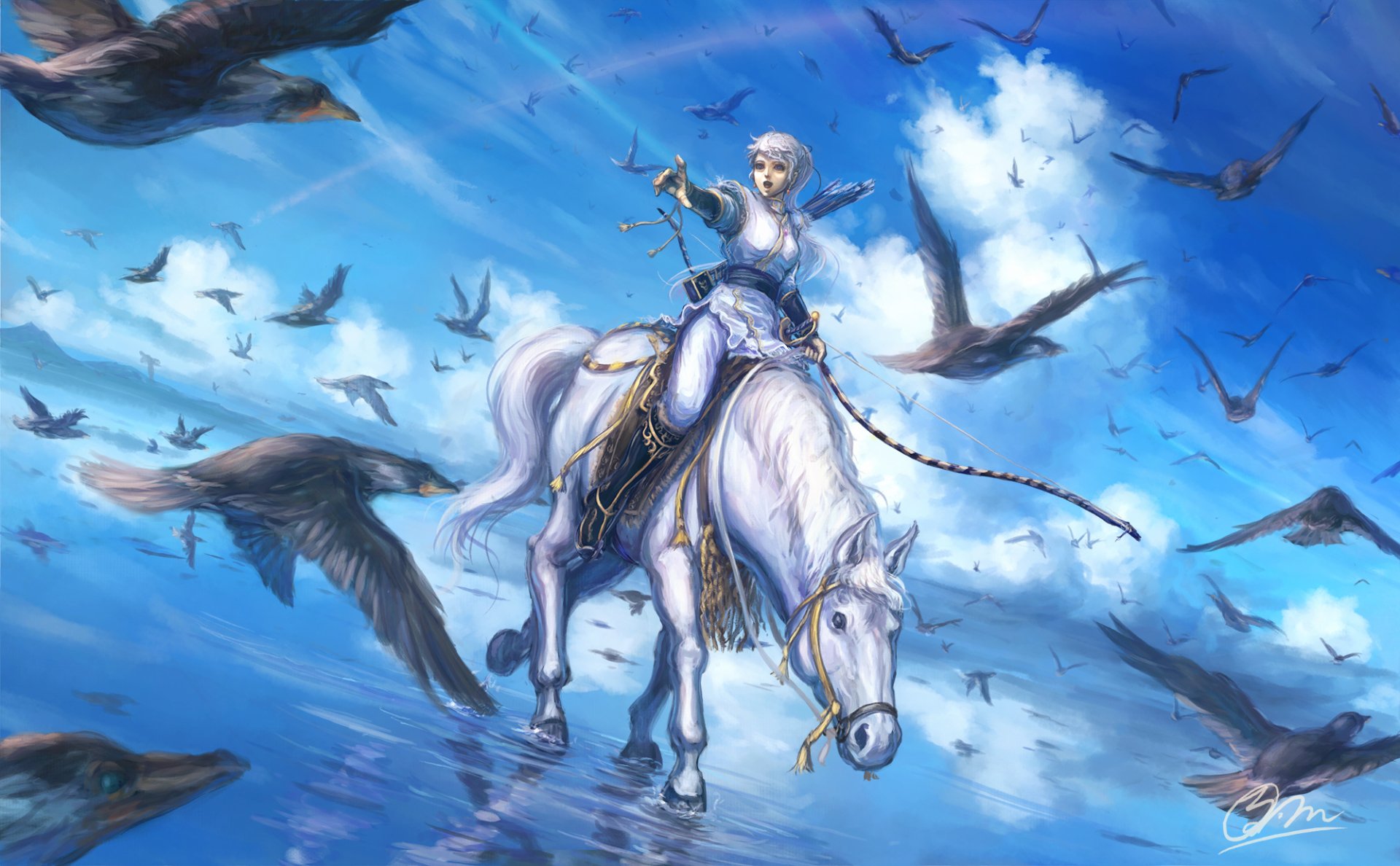 A fantasy woman with white hair rides a white horse through a bright blue sky filled with a flock of soaring birds, captured in vibrant HD desktop wallpaper style.