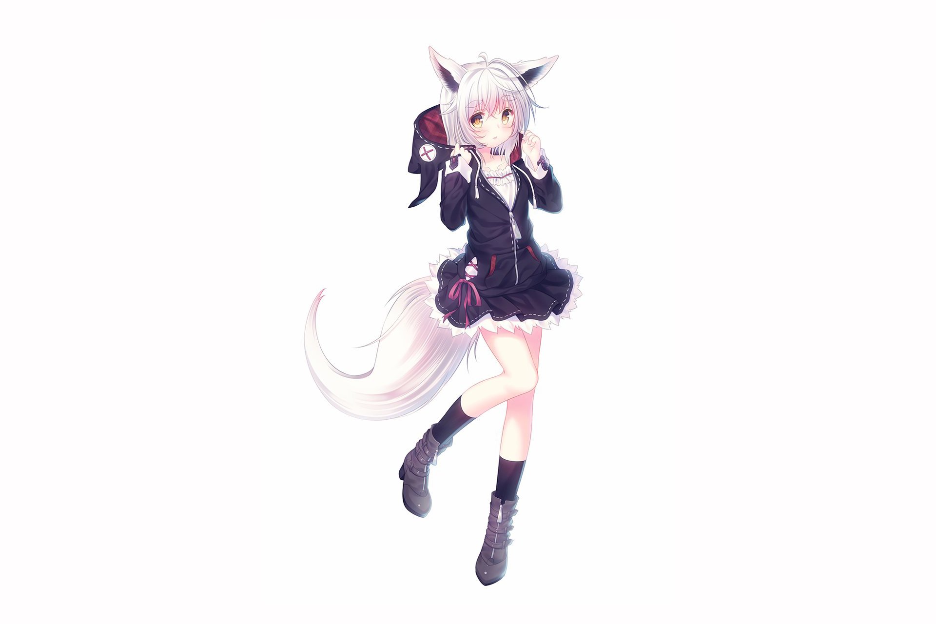Anime-style original character with white hair, short hairstyle, wearing a black dress and hoodie, featuring nekomimi ears and a tail, set on a white background.