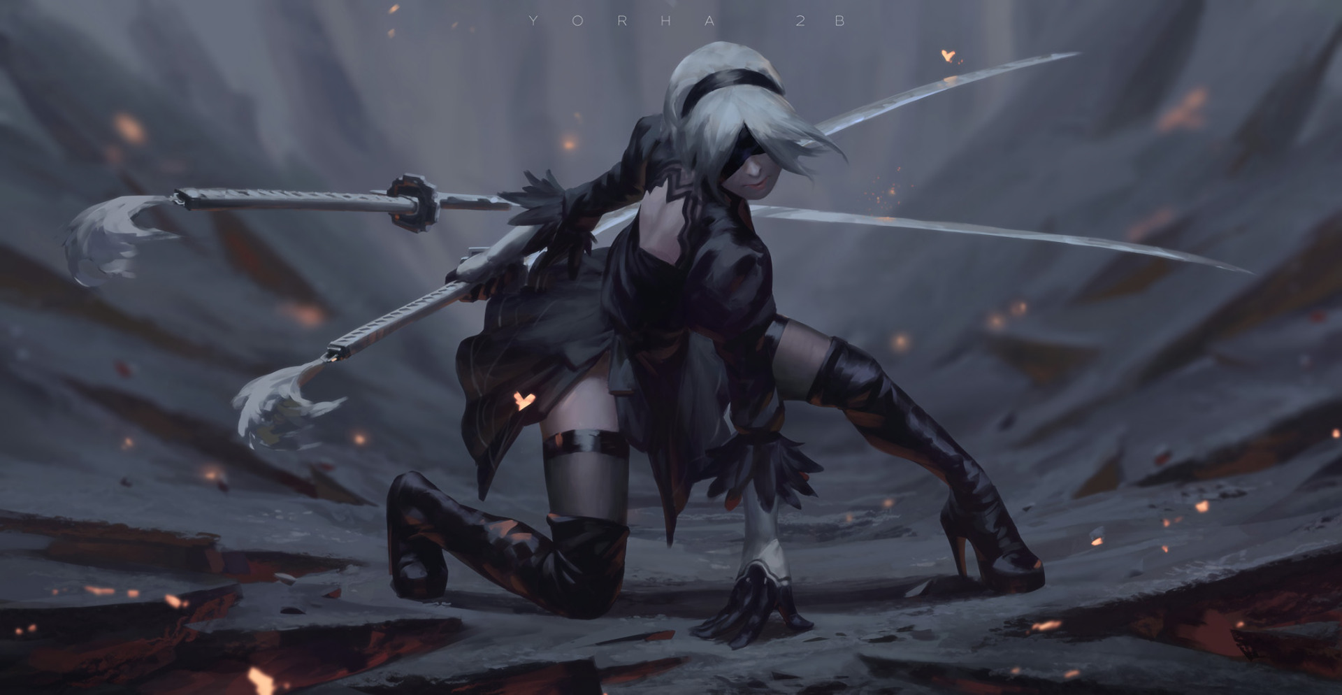 HD desktop wallpaper featuring YoRHa No.2 Type B from NieR: Automata. She wields a katana, dressed in a black outfit with short white hair, headband, blindfold, gloves, thigh-high boots, and thigh highs.