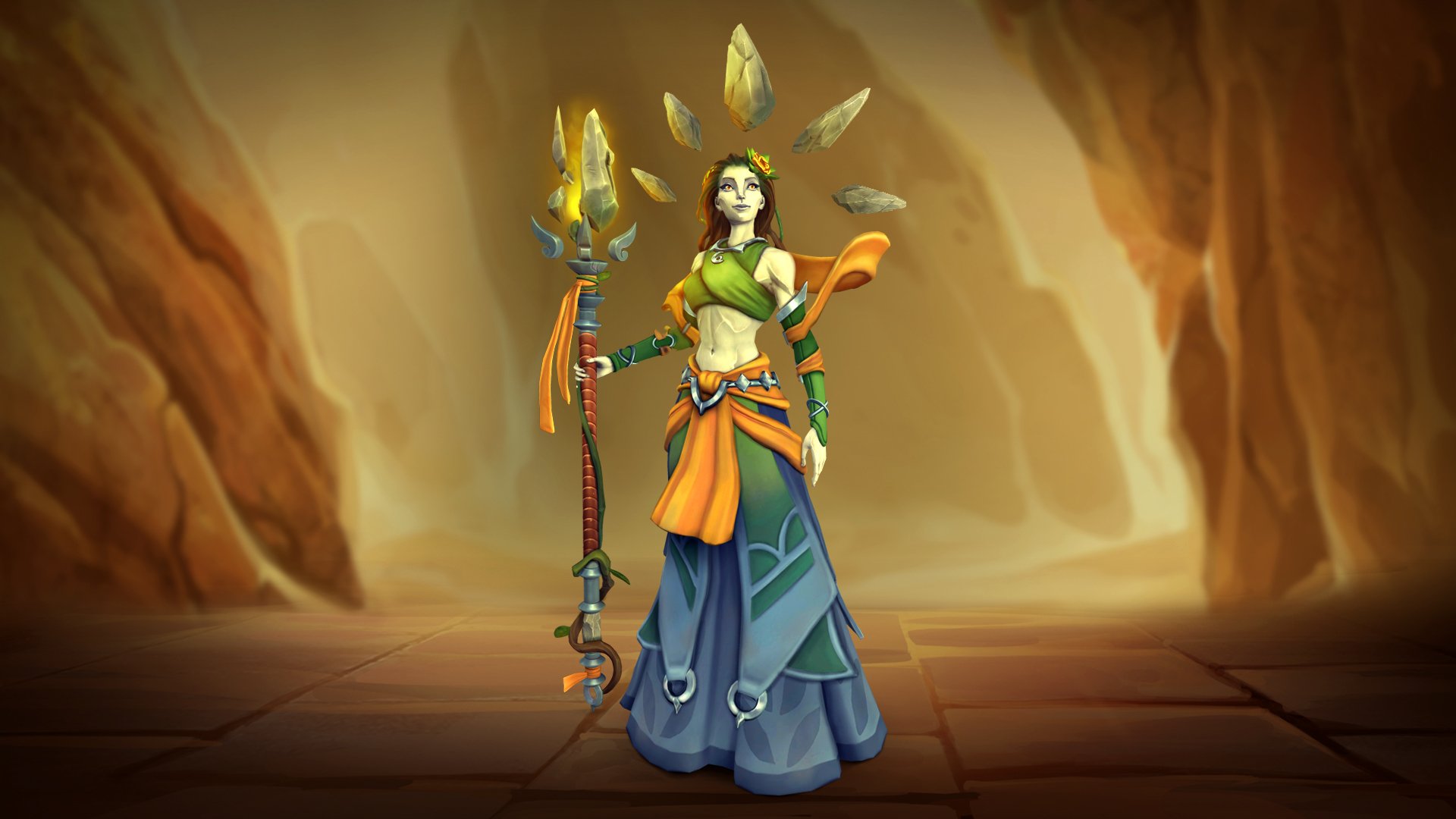 HD PC desktop wallpaper featuring Inara from the Paladins video game, standing with her staff in a mystical, cave-like environment.