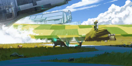 Anime-style HD sci-fi scene showing a blonde character standing in a vibrant field beneath a futuristic sky filled with clouds, blending original and sky anime elements.