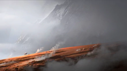 HD PC desktop wallpaper depicting a sci-fi landscape with a misty mountain backdrop and a reddish, otherworldly terrain in the foreground.