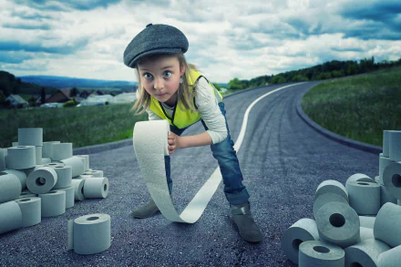 A little girl with striking blue eyes unrolling toilet paper across a winding road, captured in a surreal photography manipulation for an HD PC desktop wallpaper.