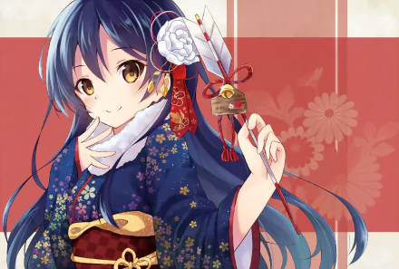 HD PC wallpaper featuring Umi Sonoda from Love Live! in a detailed kimono holding a decorative paddle against a red floral background.