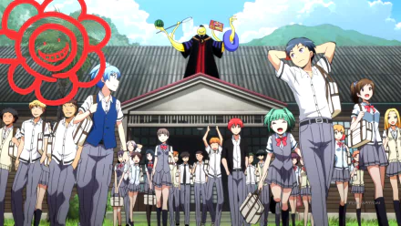 HD desktop wallpaper featuring characters from Anime Assassination Classroom, with students laughing and walking in front of a building, and a yellow creature in academic robes in the background.
