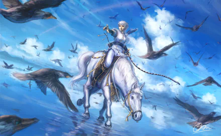 A fantasy woman with white hair rides a white horse through a bright blue sky filled with a flock of soaring birds, captured in vibrant HD desktop wallpaper style.