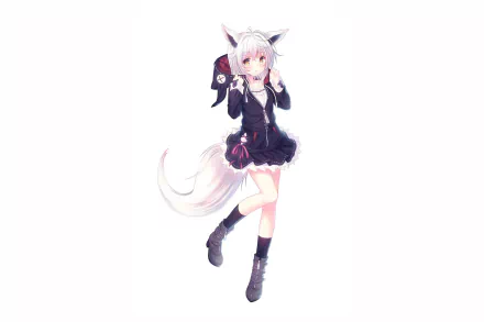 Anime-style original character with white hair, short hairstyle, wearing a black dress and hoodie, featuring nekomimi ears and a tail, set on a white background.
