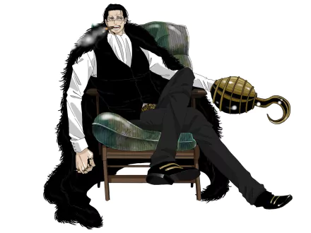 HD PC desktop wallpaper featuring Crocodile from the anime One Piece, depicted sitting confidently in a chair with his iconic hook hand.