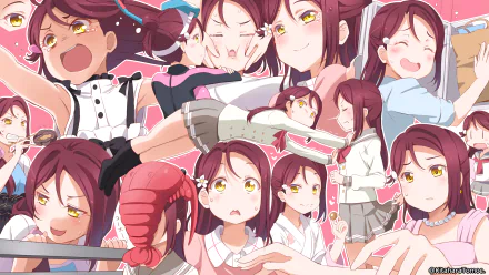HD PC desktop wallpaper/background of Riko Sakurauchi from Love Live! Sunshine!! — anime collage showing the character in multiple outfits and expressions.