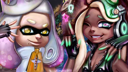 HD PC wallpaper featuring Pearl and Marina from Nintendo's Splatoon 2, the dynamic duo Off The Hook, wearing headphones in vibrant video game art style.
