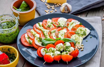 HD desktop wallpaper featuring a still life of a fresh mozzarella and tomato salad garnished with basil and pesto on a dark plate.