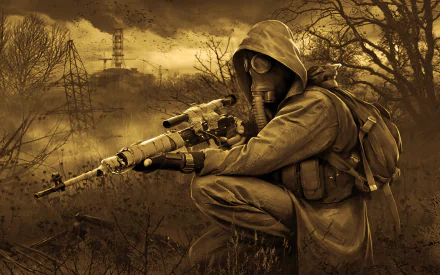 HD PC desktop wallpaper featuring a S.T.A.L.K.E.R. video game character in a gas mask and hood, aiming a sniper rifle in a desolate, eerie landscape.