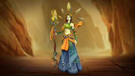 HD PC desktop wallpaper featuring Inara from the Paladins video game, standing with her staff in a mystical, cave-like environment.