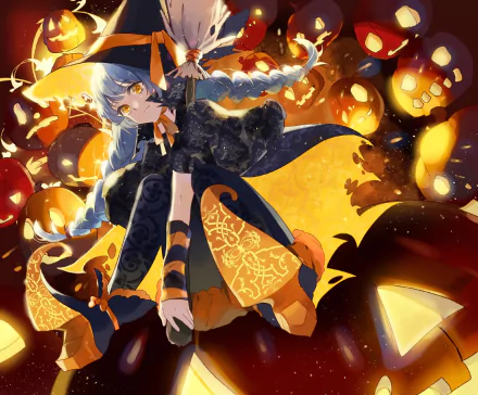Anime-style Halloween wallpaper featuring a white-haired wizard with yellow eyes surrounded by glowing pumpkins, set in a vibrant, spooky night scene.