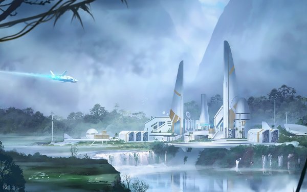Sci Fi Landscape Building Aircraft Water Fog HD Wallpaper | Background Image