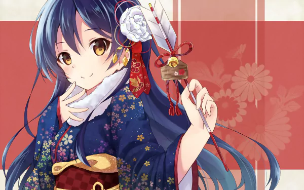 HD PC wallpaper featuring Umi Sonoda from Love Live! in a detailed kimono holding a decorative paddle against a red floral background.