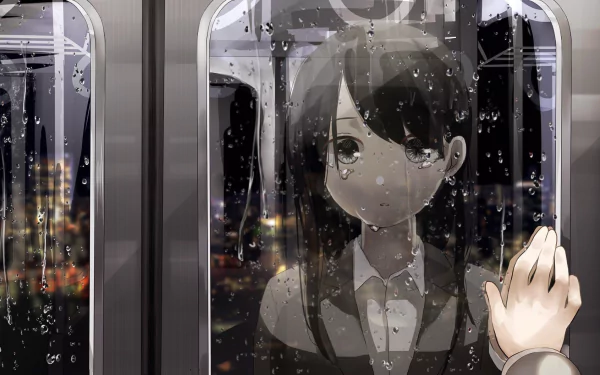 A despondent anime girl stands inside a train at night, looking out a rain-streaked window, her reflection visible amidst the city lights. HD desktop wallpaper and background.