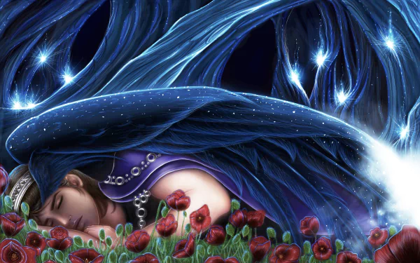 A fantasy-themed 4K Ultra HD wallpaper depicting a sleeping figure with ethereal wings resting among red flowers, evoking the presence of gods.