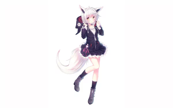 Anime-style original character with white hair, short hairstyle, wearing a black dress and hoodie, featuring nekomimi ears and a tail, set on a white background.